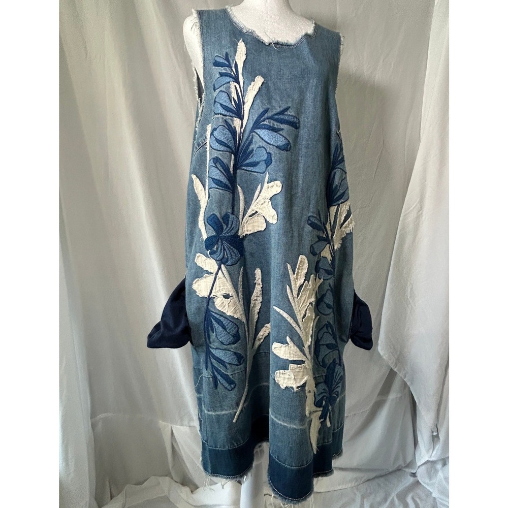 Holding Horses Anthropologie Blue Floral Embroidered Denim Shift Dress XL